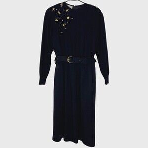 Vintage Ciao Womens Holiday Dress 10 Black Wool Gold Beaded Stars Belted Midi
